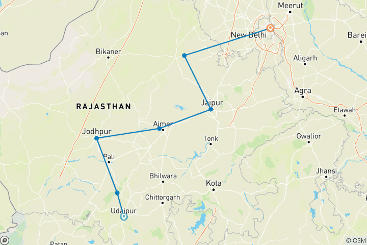 Kaart van Van Udaipur naar Delhi - Rondreis over land