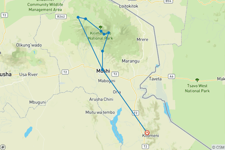 Kaart van Beklim de Kilimanjaro - Lemosho 9 Dagen | Landschappelijke & Matige Trek met Ervaren Gidsen