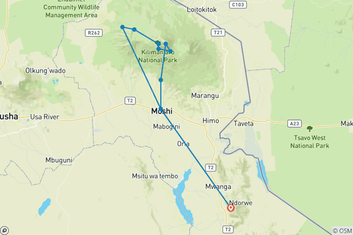 Mapa de Escalada Kilimanjaro - Lemosho 7 Días + Termas de Chemka Gratis | Guías Expertos y Eco-Certificados