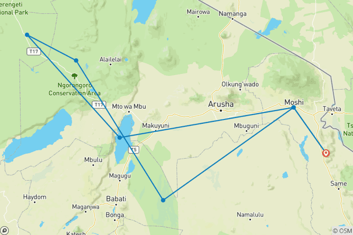 Mapa de Safari Clásico de los Cinco Grandes en Tanzania **Viaje con Enfoque Sostenible