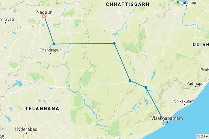 Karte von Stammespfade und Tigergeschichten: Abenteuer von Vizag nach Nagpur