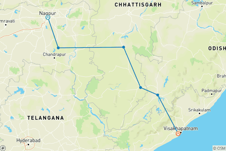 Kaart van Nagpur naar Vizag Tribal Trails & Tijgerverhalen