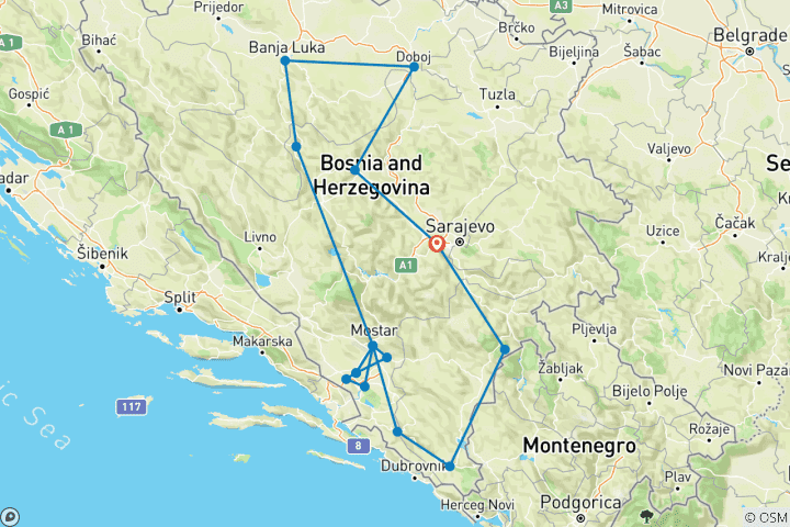 Karte von Erstaunliche Bosnien und Herzegowina Rundreise: UNESCO-Stätten und andere Top-Reiseziele ab Sarajevo - 11 Tage