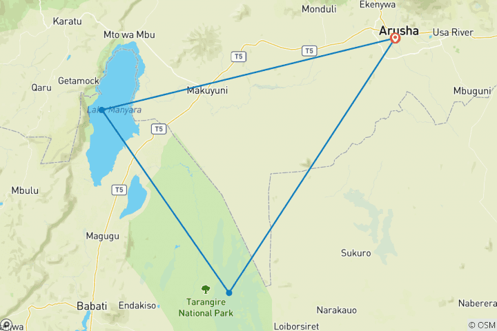 Map of 3-Days Tanzania Northern Circuit Lodge Safari:  Lake  Manyara, Ngorongoro & Tarangire National park