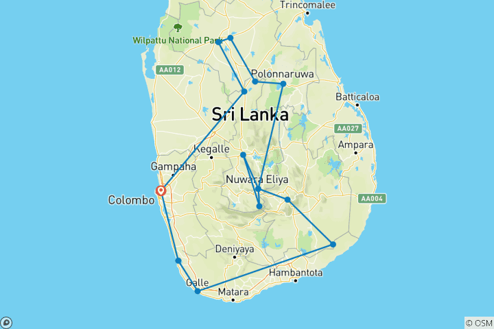 Kaart van Hoogtepunten rondreis door Sri Lanka