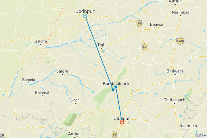 Mapa de Esplendores de Marwar: Circuito de Jodhpur, Kumbhalgarh y Udaipur