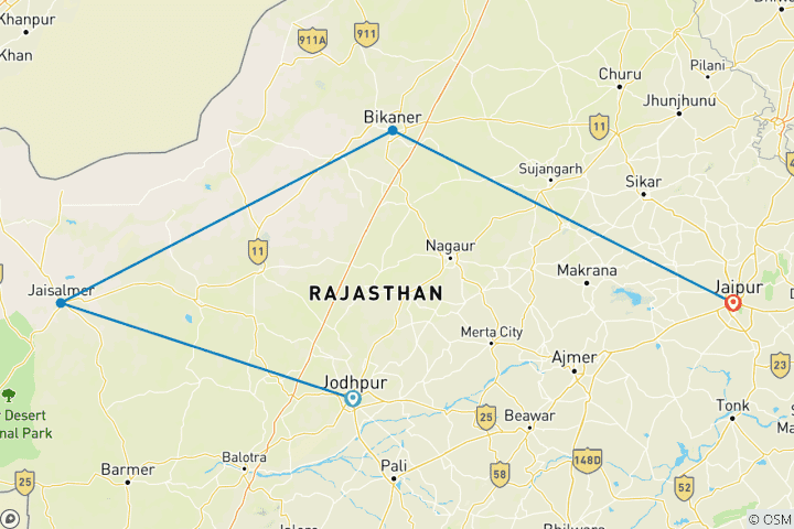 Mapa de Horizonte dorado: ruta de las dunas de Jodhpur a Jaipur