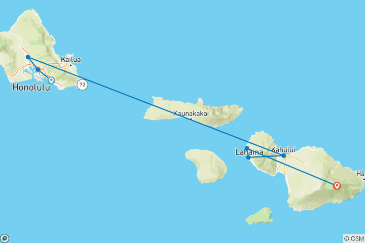 Carte du circuit Hawaï avec Oahu et Maui (classique, base, 7 jours)