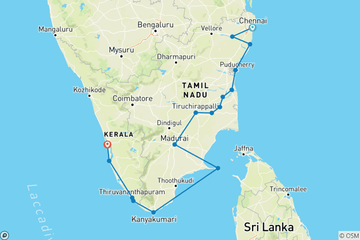 Mapa de Senderos de los templos: circuito por tierra de Chennai a Cochin