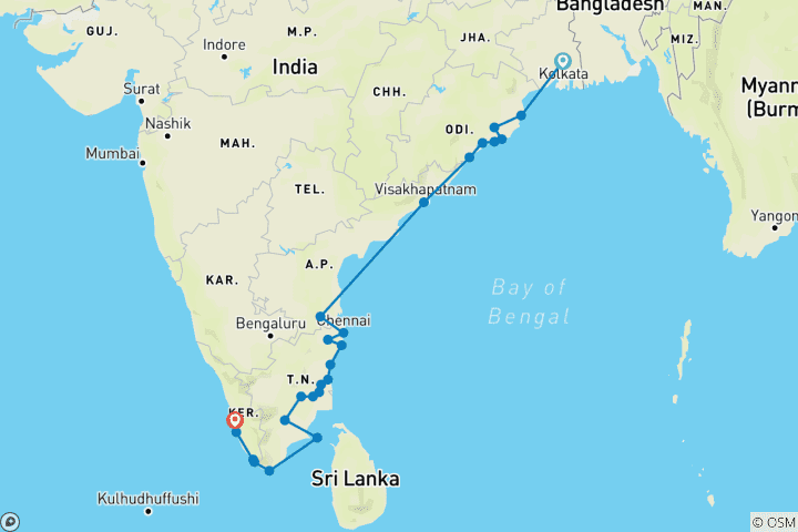 Carte du circuit Découverte de la côte orientale de Kolkata à Cochin