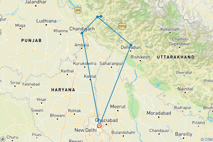 Kaart van Ontdek de koloniale heuvelstations van Noord –India