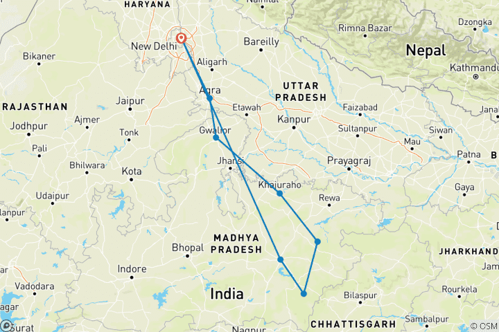 Karte von Indiens Tierwelt inkl. Taj Mahal Rundreise