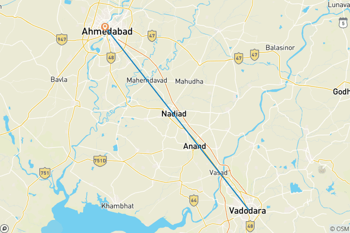 Map of Vadodara to Ahmedabad: Vibrant Cities of Gujarat Tour