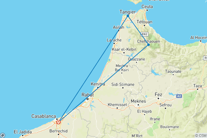 Carte du circuit Circuit de 2 jours à Tanger et Chefchaouen depuis Casablanca en train