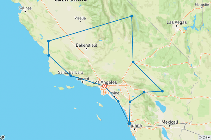 Carte du circuit La Californie du Sud et le parc national de la Vallée de la Mort