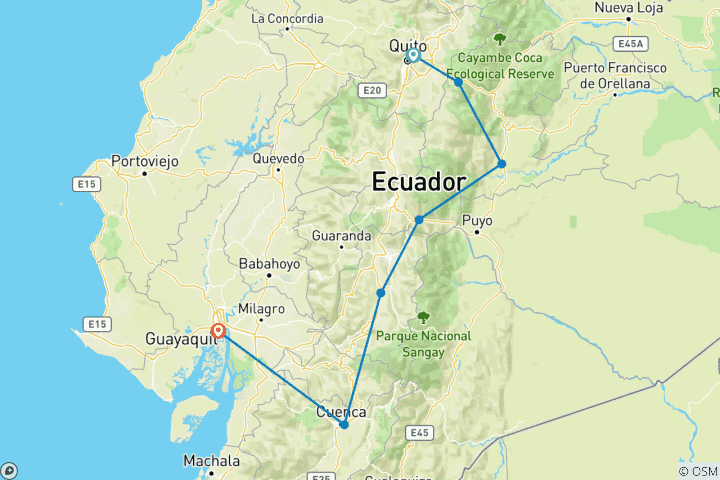 Mapa de 13 Días de Aventura Familiar en Ecuador: Quito, Papallacta, Amazonas, Baños, Guamote, Cuenca,Guayaquil