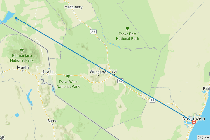 Carte du circuit Safari en jeep à prix réduit à Amboseli à partir de Mombasa (3 jours)