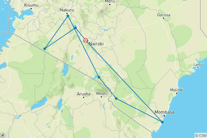 Mapa de Safari de lujo de 10 días en Masai Mara, Kenia - Viaje asequible a la naturaleza y la playa