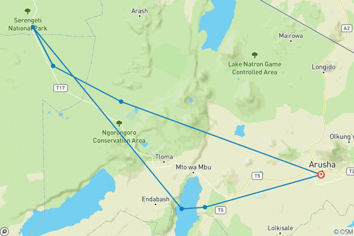 Carte du circuit Safari en Tanzanie - 5 jours