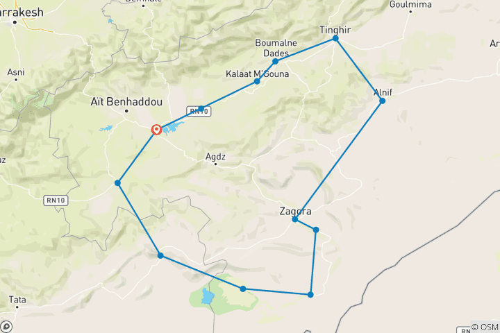 Map of 5-days & 4 nights KTM-Desert Adventure from Ouarzazate to Iriki & Erg Chigaga: Explore the famous Road of the Dakar-Ralley