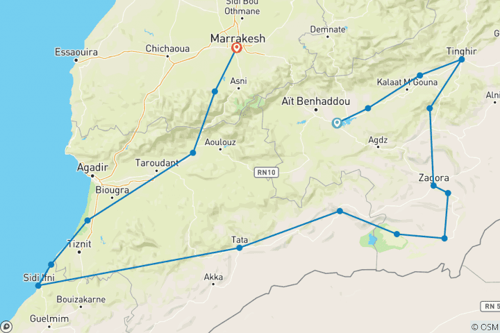 Map of 11-days Big KTM-Desert Adventure from Ouarzazate through the desert and Atlas Mountains to Marrakech