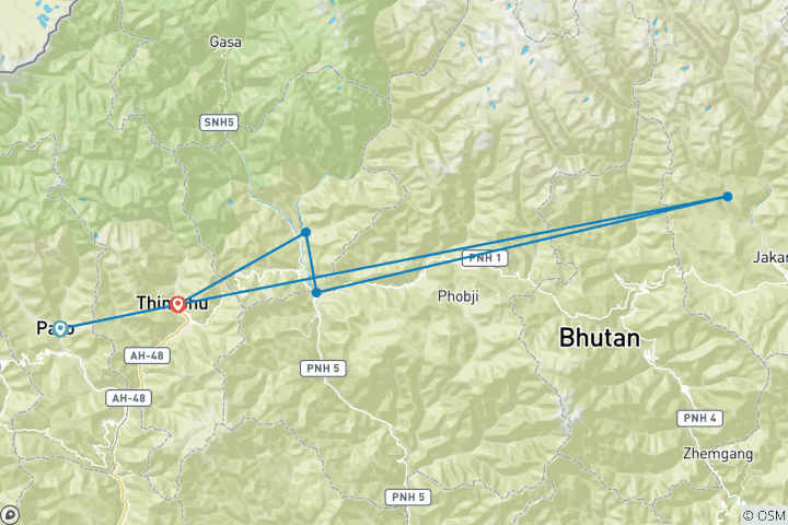 Kaart van 10-DAAGSE RONDREIS DOOR CENTRAAL BHUTAN