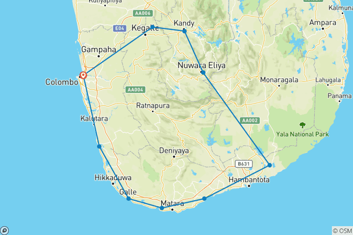 Map of Sri Lanka 9 Days Trip Package