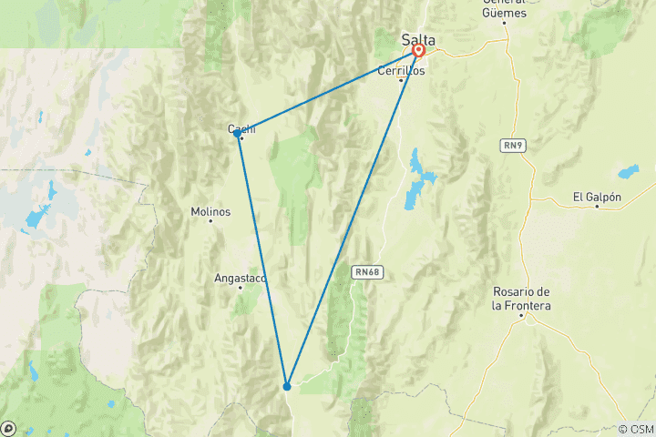 Kaart van 4 Dagen op maat gemaakte reis.  Salta & Cafayate. Tussen valleien, uitzichten en wijngaarden.