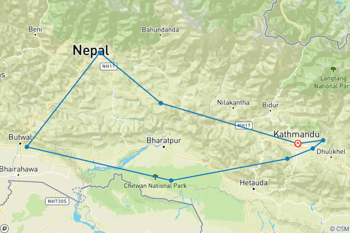 Kaart van 13-daags avontuur in Nepal: Himalaya wandelen, raften, wilde dieren en cultuur