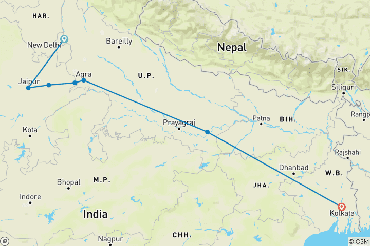 Map of Marvels of North - Golden Triangle with Varanasi & Kolkata