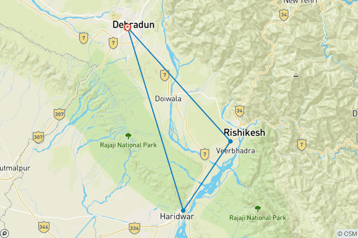 Kaart van Dehradun naar Haridwar & Rishikesh Arirport Transfers, Hotel, Bezienswaardigheden