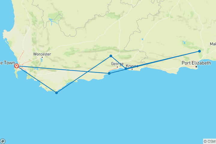 Carte du circuit Le Cap, la Route des jardins et l'aventure Addo 10J/9N