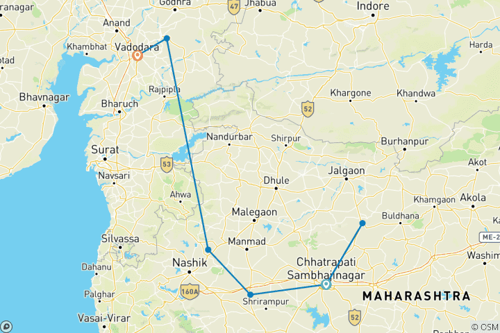 Map of Cultural Caravan: Aurangabad to Vadodara Passage