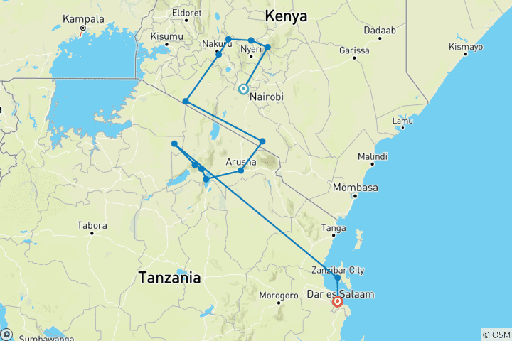 Carte du circuit Kenya et Tanzanie : l'expérience d'un safari avec Zanzibar