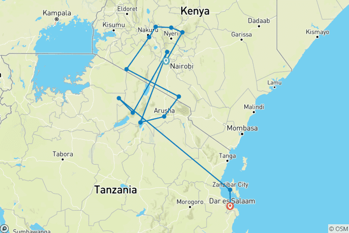 Carte du circuit Kenya et Tanzanie : l'expérience du safari avec Nairobi et Zanzibar