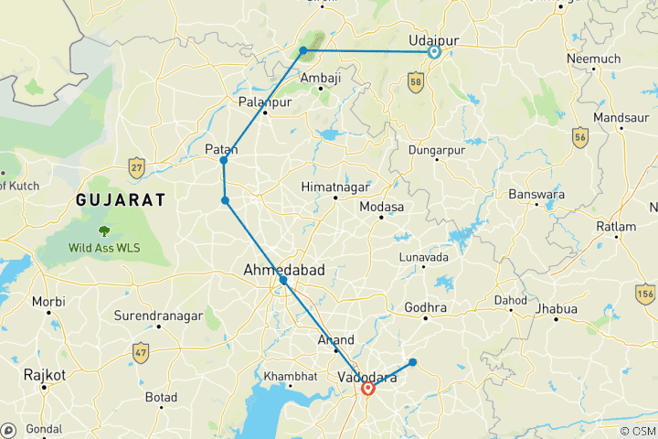 Kaart van Erfgoedroute van Udaipur naar Vadodara – verder dan de meren & standbeelden