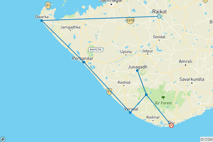 Mapa de Vida salvaje y olas: ruta de los templos de Gujarat y delicias de Diu