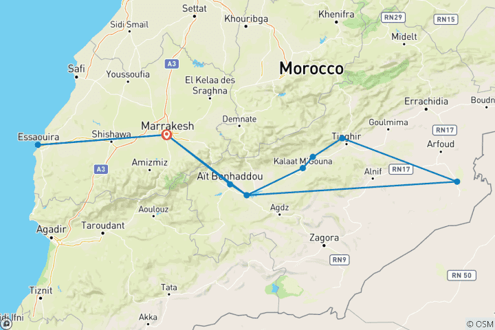 Map of Morocco Tours - 6 Days Holiday Package Marrakech, Essaouira & Sahara Desert