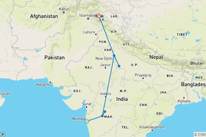 Carte du circuit Voyage mystique : Grottes antiques, Taj Mahal et vallée du Cachemire