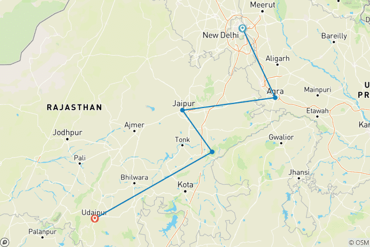 Carte du circuit 8 jours d'excursion privée dans le Triangle d'Or avec palais et vie sauvage