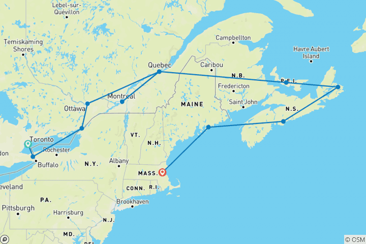 Carte du circuit Croisière dans l'est du Canada et la Nouvelle-Angleterre - De Toronto à Boston (2024)