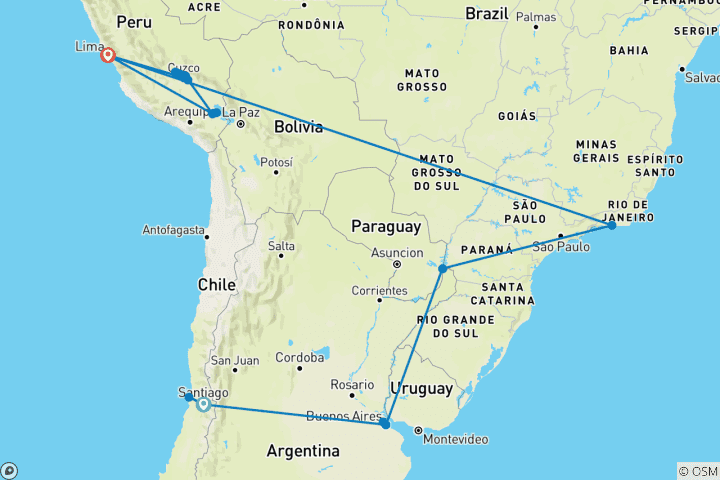 Map of Highlights of South America 2026 - Santiago to Lima, 2027/28 - Rio to Lima (2026)