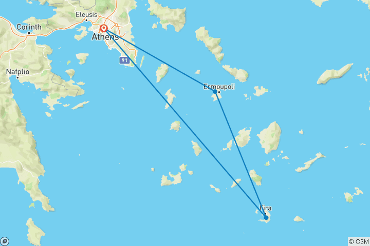 Mapa de Circuito de 5 días por Siros y Santorini, una mezcla de arquitectura cicládica y veneciana