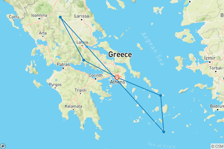 Carte du circuit Circuit de 5 jours en groupe à Delphes, Météores, Mykonos et Santorin au départ d'Athènes