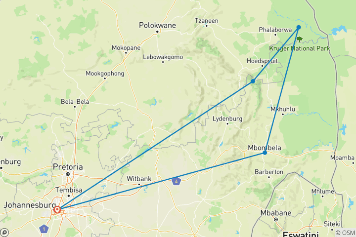 Carte du circuit Grand safari dans le parc national Kruger et sur la route des panoramas en Afrique du Sud