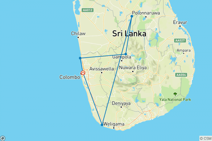 Mapa de Circuito de lujo de 11 días de bienestar y yoga en Sri Lanka