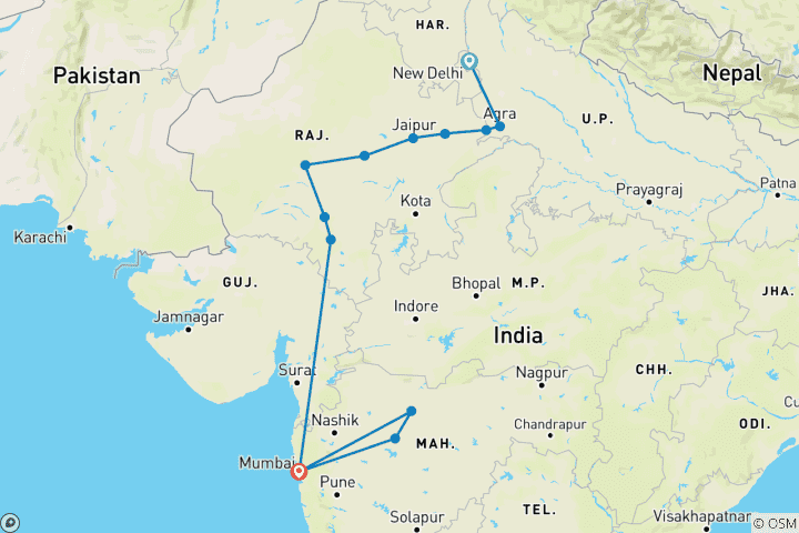 Carte du circuit Passage en Inde : Delhi | Agra | Jaipur | Jodhpur | Udaipur | Aurangabad | Mumbai