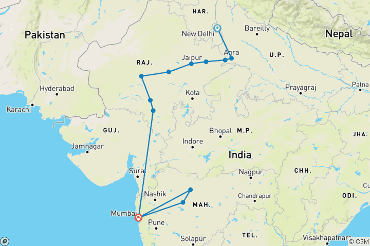 Kaart van Reis door India - Delhi, Agra, Jaipur, Jodhpur, Udaipur, Aurangabad & Mumbai