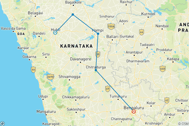 Mapa de Templos y tesoros: un circuito de Hubli a Bangalore