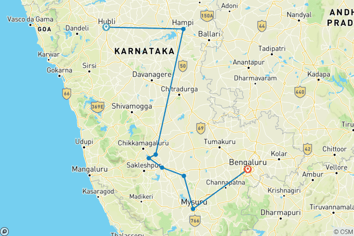 Mapa de Mística Karnataka: expedición de Hubli a Bangalore